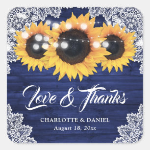 Navy Blue Wood Lace Sunflower Wedding Thank You Square Sticker