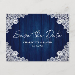 Navy Blue Wood Lace Wedding Save The Date Postcard