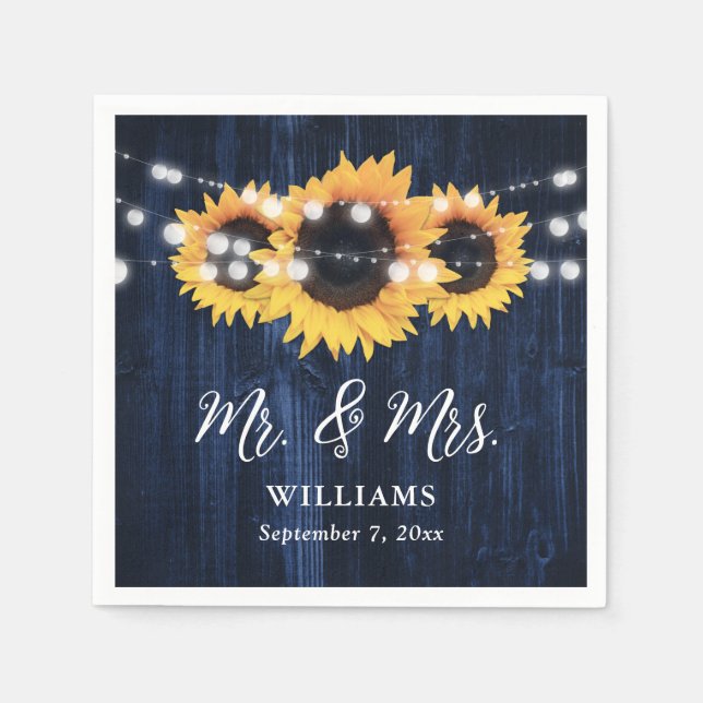 Navy Blue Wood String Lights Sunflower Wedding Napkin (Front)