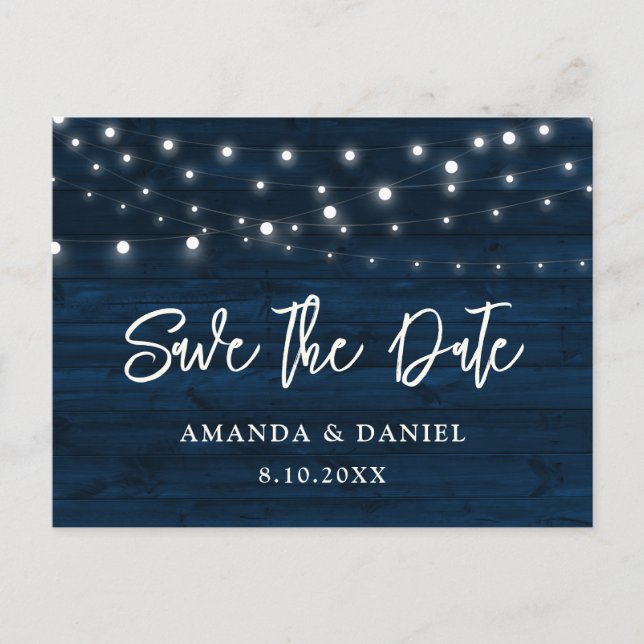 Navy Blue Wood String Lights Wedding Save The Date Postcard (Front)