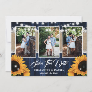 Navy Blue Wood Sunflower Rustic Wedding 3 Photo Save The Date