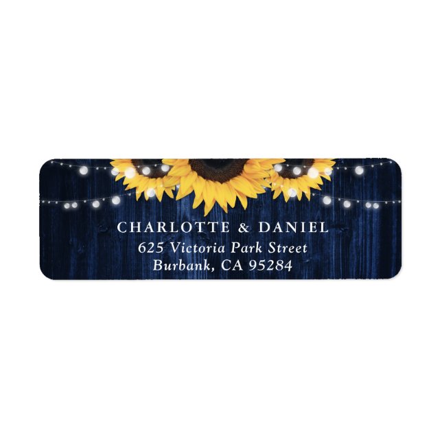 Navy Blue Wood Sunflower Wedding Return Address (Front)
