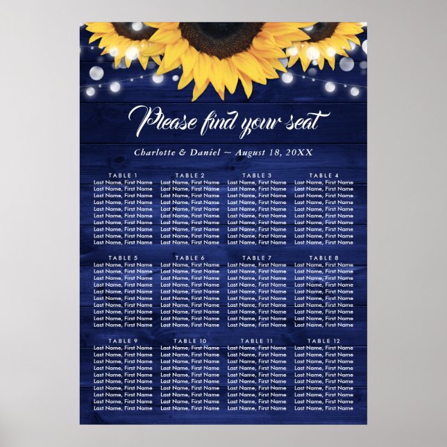 Navy Blue Wood Sunflower Wedding Seating Chart 12 (Front)