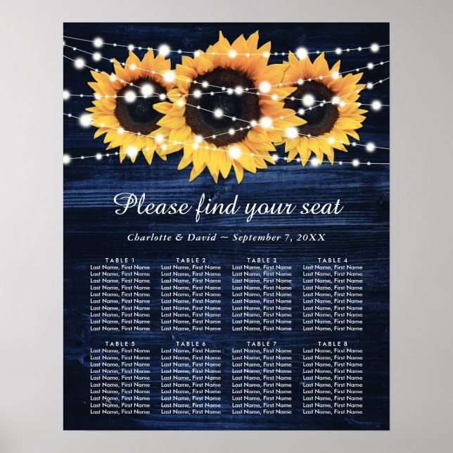 Navy Blue Wood Sunflower Wedding Seating Plan 8 Poster (Front)