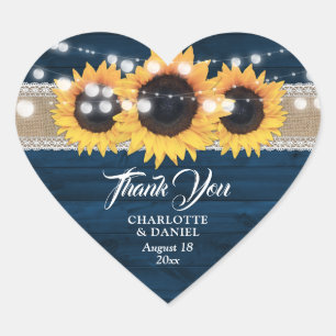 Navy Blue Wood Sunflower Wedding Thank You Heart Sticker