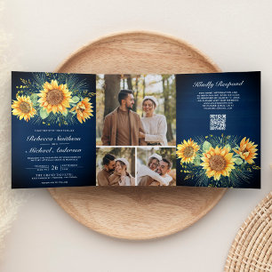 Navy Blue Wood Sunflowers Photo QR Code Wedding Tri-Fold Invitation