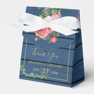 Navy Blue Wood Vintage Pink Roses & Gold Wedding Favor Box