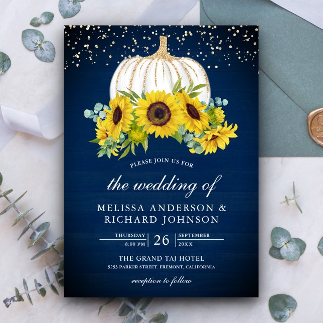 Navy Blue Wood White Pumpkin Sunflowers Wedding Invitation (Creator Uploaded)