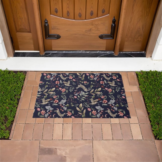 Navy Blue Woodland Animals Floral Leaves Pattern Doormat (Outdoor)