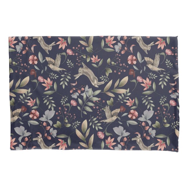 Navy Blue Woodland Animals Floral Leaves Pattern Pillowcase (Front)