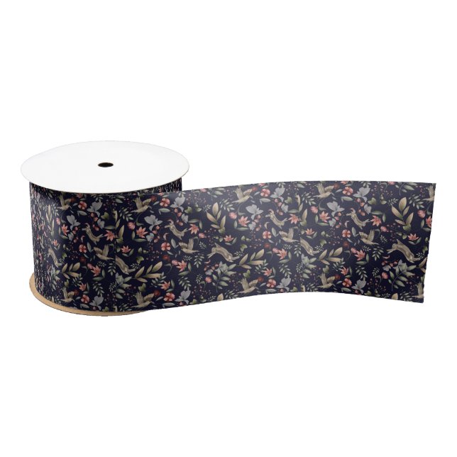 Navy Blue Woodland Animals Floral Leaves Pattern Satin Ribbon (Spool)