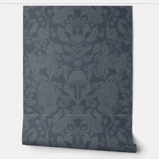 Navy Blue Woodland Block Print Damask Wallpaper