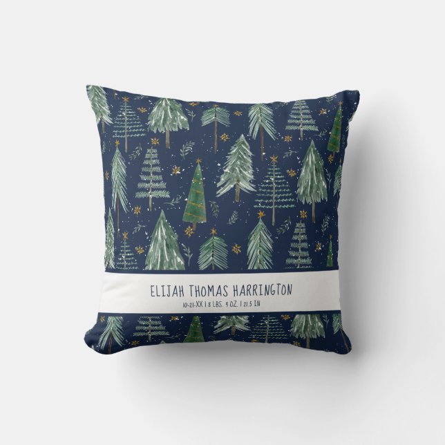 Navy Blue Woodland Forest Snowing Baby Birth Stats Throw Pillow (Front)