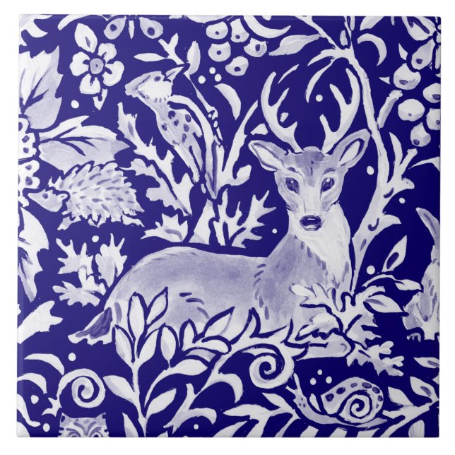 Navy Blue Woodland MURAL Animal Deer Top Left Tile (Front)