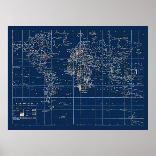 Navy Blue World Map Poster (Front)