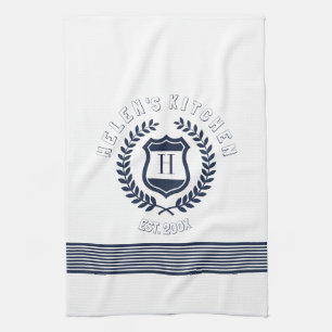 Navy Blue Wreath And Stripes Design Monogram Kitchen Towel
