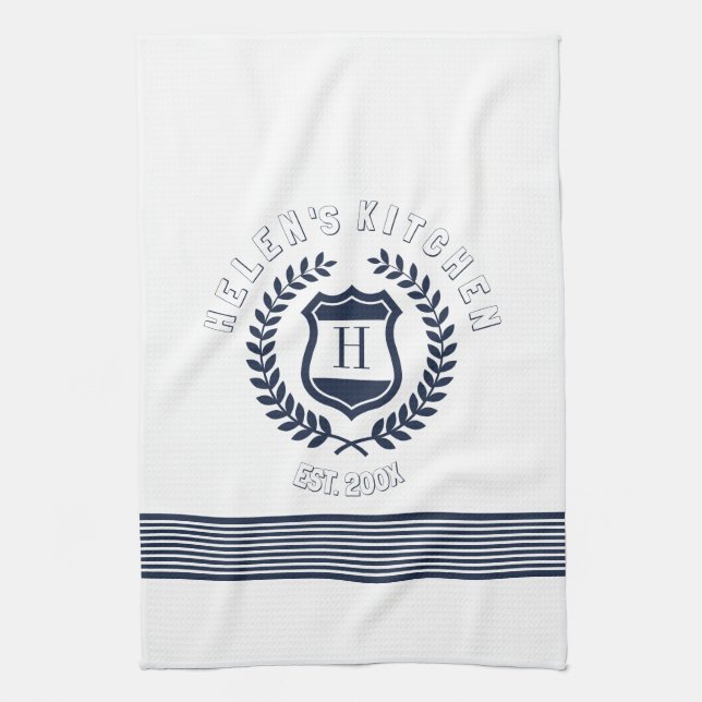 Navy Blue Wreath And Stripes Design Monogram Kitchen Towel (Vertical)