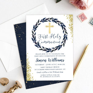 Navy Blue Wreath Gold Glitter First Holy Communion Invitation