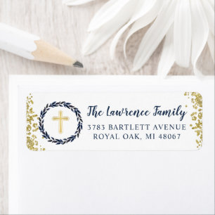 Navy Blue Wreath Gold Religious Return Address