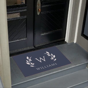 Navy Blue Wreath Initial Monogram Last Name Doormat