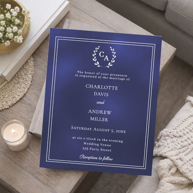 Navy blue wreath monogram wedding invitation (Creator Uploaded)