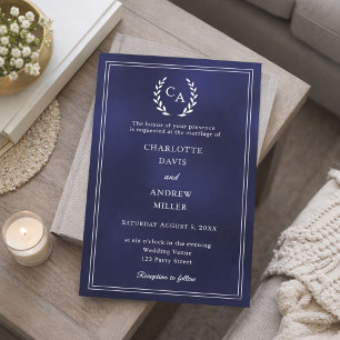 Navy blue wreath monogrammed simple wedding invitation
