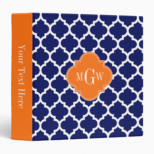 Navy Blue Wt Chevron Pumpkin Quatrefoil 3 Monogram Binder (Front/Spine)