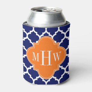 Navy Blue Wt Chevron Pumpkin Quatrefoil 3 Monogram Can Cooler