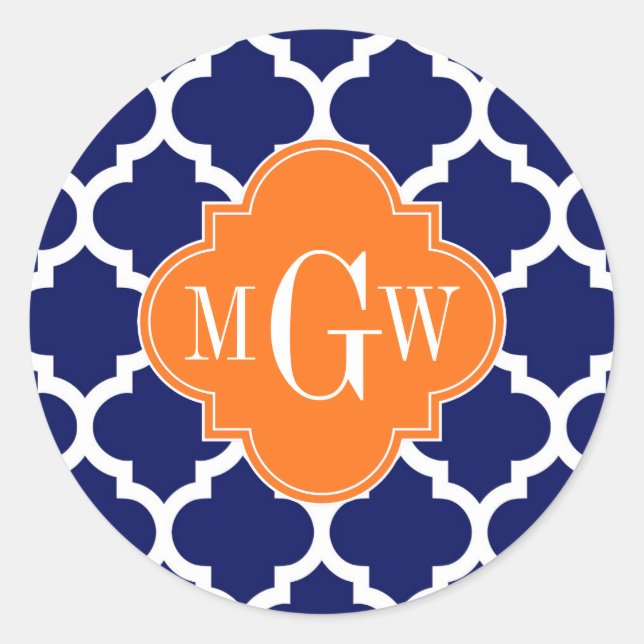 Navy Blue Wt Chevron Pumpkin Quatrefoil 3 Monogram Classic Round Sticker (Front)