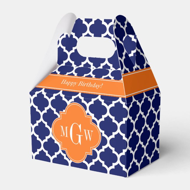 Navy Blue Wt Chevron Pumpkin Quatrefoil 3 Monogram Favor Box (Front Side)