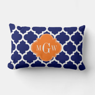 Navy Blue Wt Chevron Pumpkin Quatrefoil 3 Monogram Lumbar Pillow
