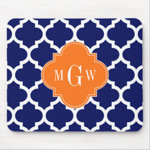 Navy Blue Wt Chevron Pumpkin Quatrefoil 3 Monogram Mouse Pad