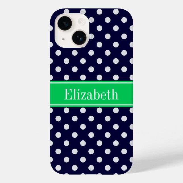 Navy Blue Wt Polka Dot Emerald Green Name Monogram Case-Mate iPhone Case (Back)