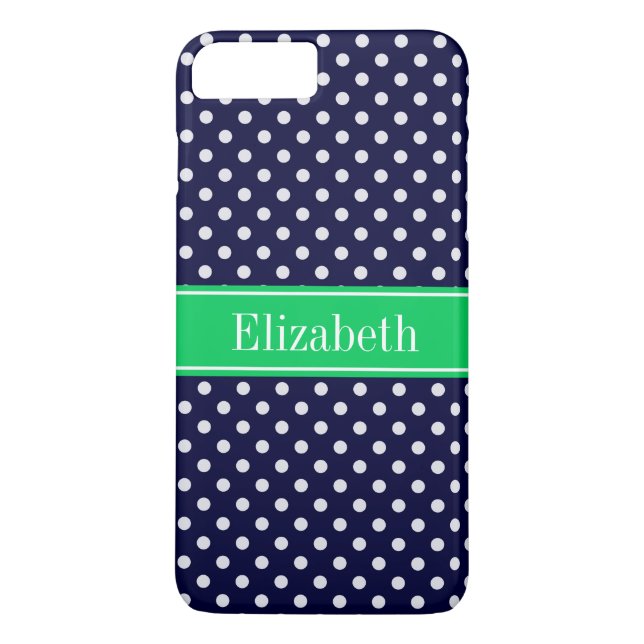 Navy Blue Wt Polka Dot Emerald Green Name Monogram Case-Mate iPhone Case (Back)