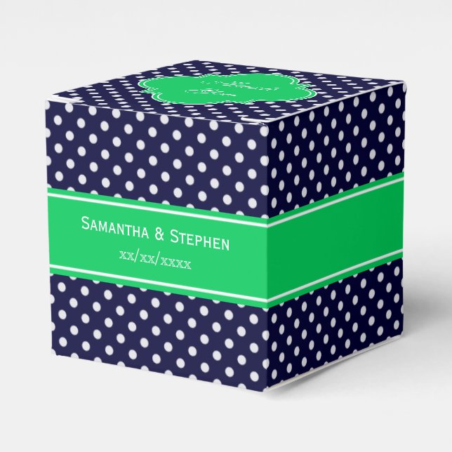 Navy Blue Wt Polka Dot Emerald Green Name Monogram Favor Box (Front Side)