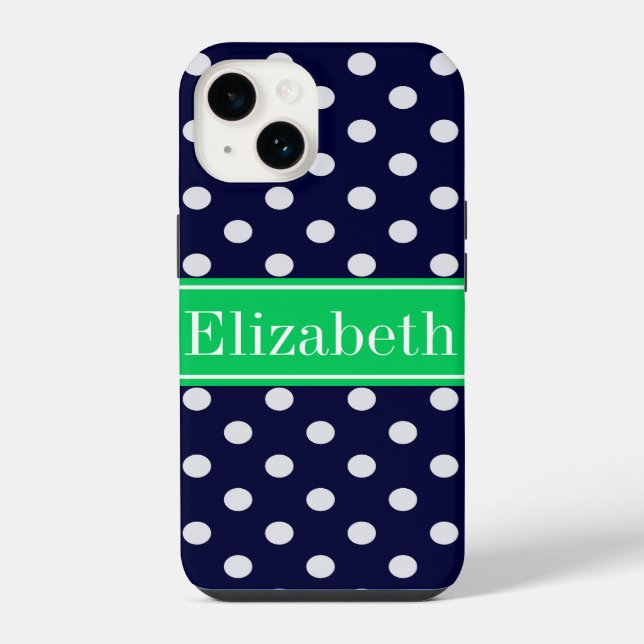 Navy Blue Wt Polka Dot Emerald Green Name Monogram iPhone Case (Back)
