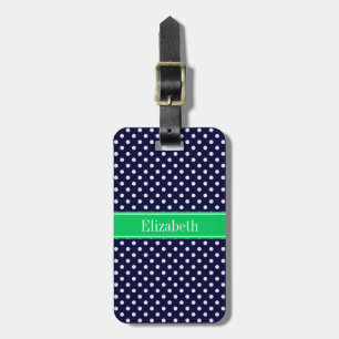 Navy Blue Wt Polka Dot Emerald Green Name Monogram Luggage Tag