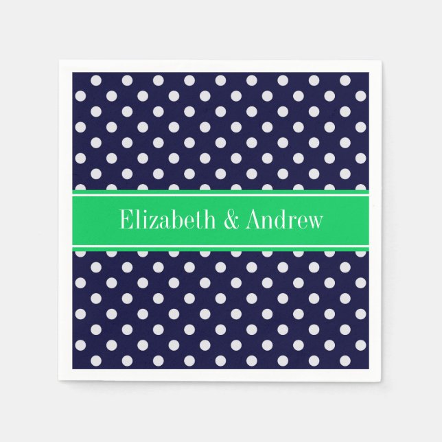 Navy Blue Wt Polka Dot Emerald Green Name Monogram Napkin (Front)