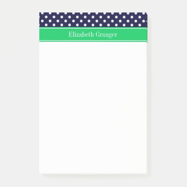 Navy Blue Wt Polka Dot Emerald Green Name Monogram Post-it Notes (Front)