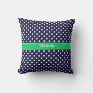 Navy Blue Wt Polka Dot Emerald Green Name Monogram Throw Pillow