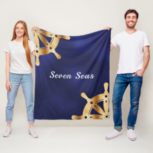 Navy blue yacht boat name gold steering wheel fleece blanket