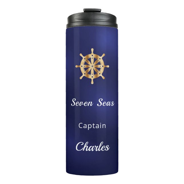 Navy blue yacht ship captain name thermal tumbler (Front)