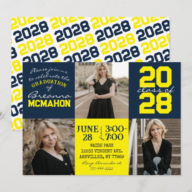 Navy Blue & Yellow 3 Photo Graduation Invitation (Front/Back)