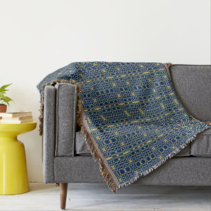 Navy Blue & Yellow Abstract Plaid Print 2 Throw Blanket