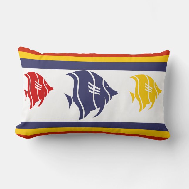 navy blue, yellow, and red fish on white lumbar pillow (Front)