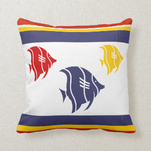 navy blue, yellow, and red fish on white throw pillow
