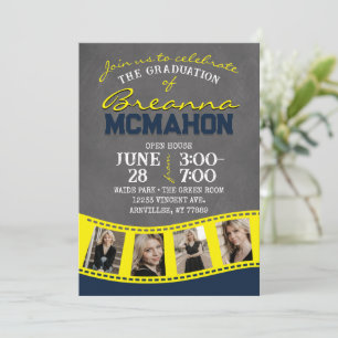 Navy Blue & Yellow Chalkboard Filmstrip Graduation Invitation