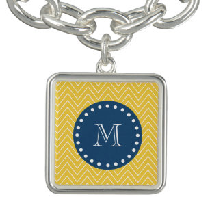 Navy Blue, Yellow Chevron Pattern   Your Monogram Charm Bracelet