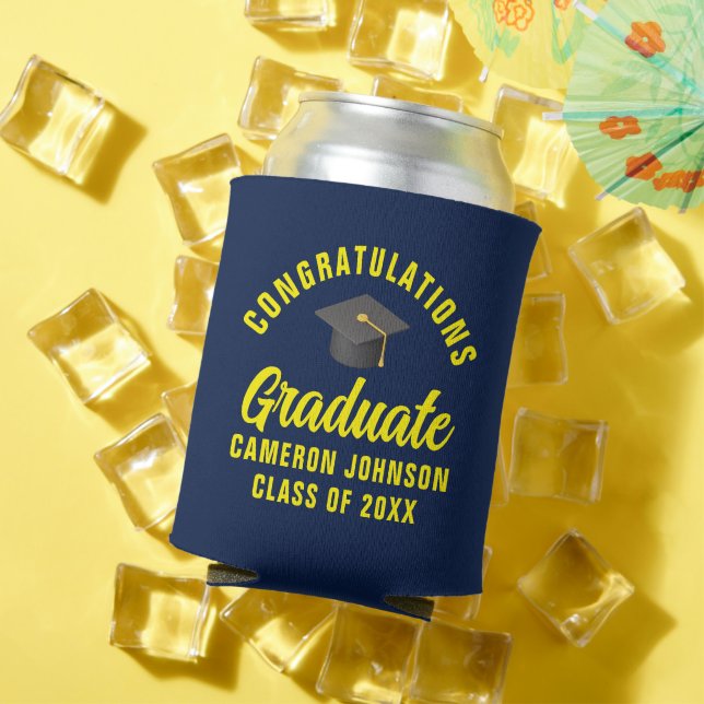 Navy Blue Yellow Custom Graduation Party Can Cooler (In Situ Summer)
