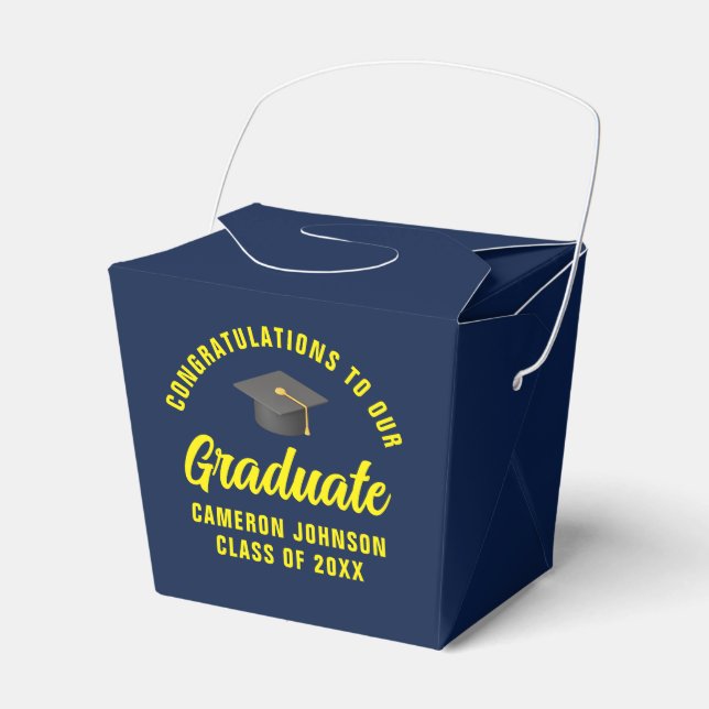 Navy Blue Yellow Custom Graduation Party Fortune Favor Box (Front Side)